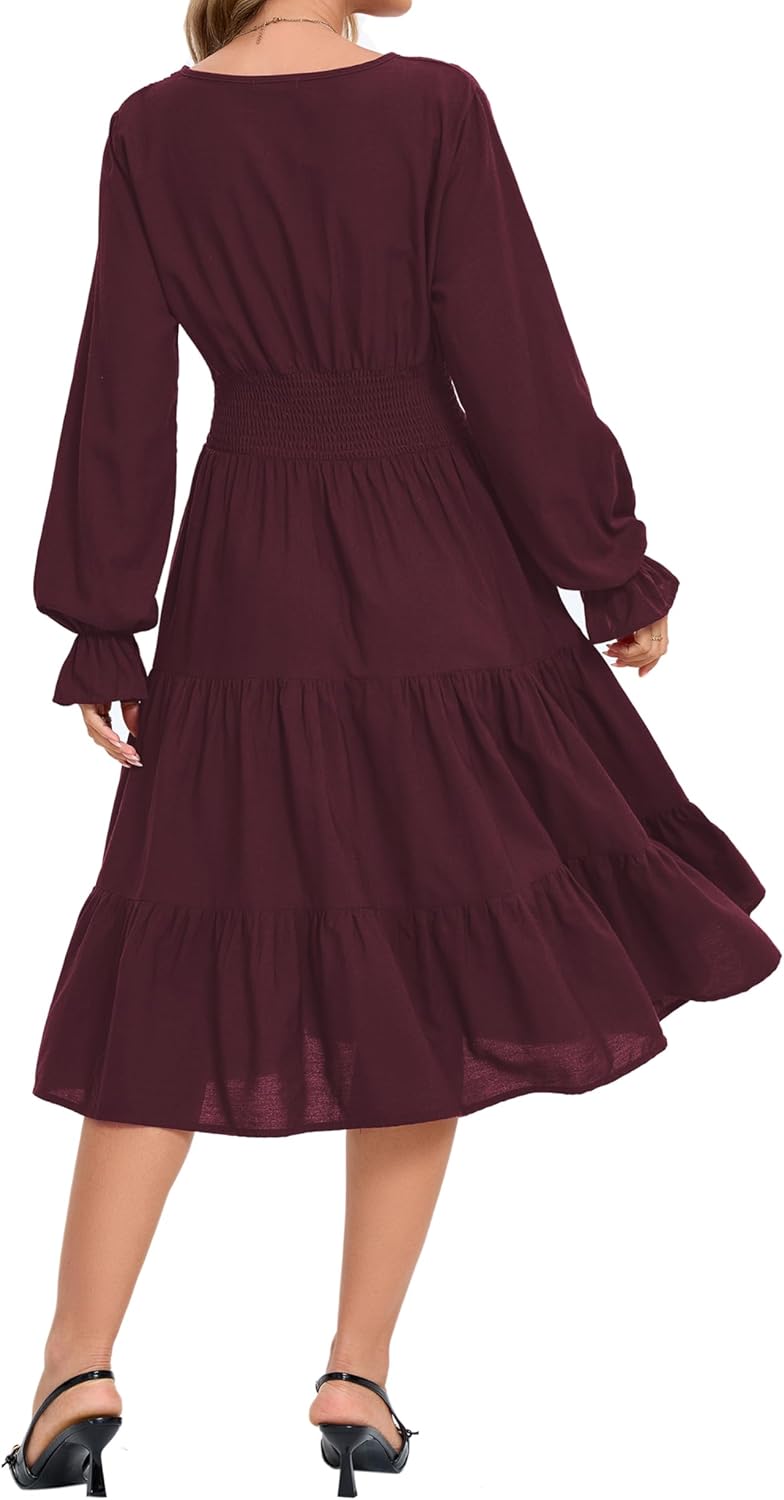 Women's 2026 Spring Dresses Long Puff Sleeve Crew Neck A Line Elastic Wasit Embroidery Formal Casual Midi Dress - Image 3