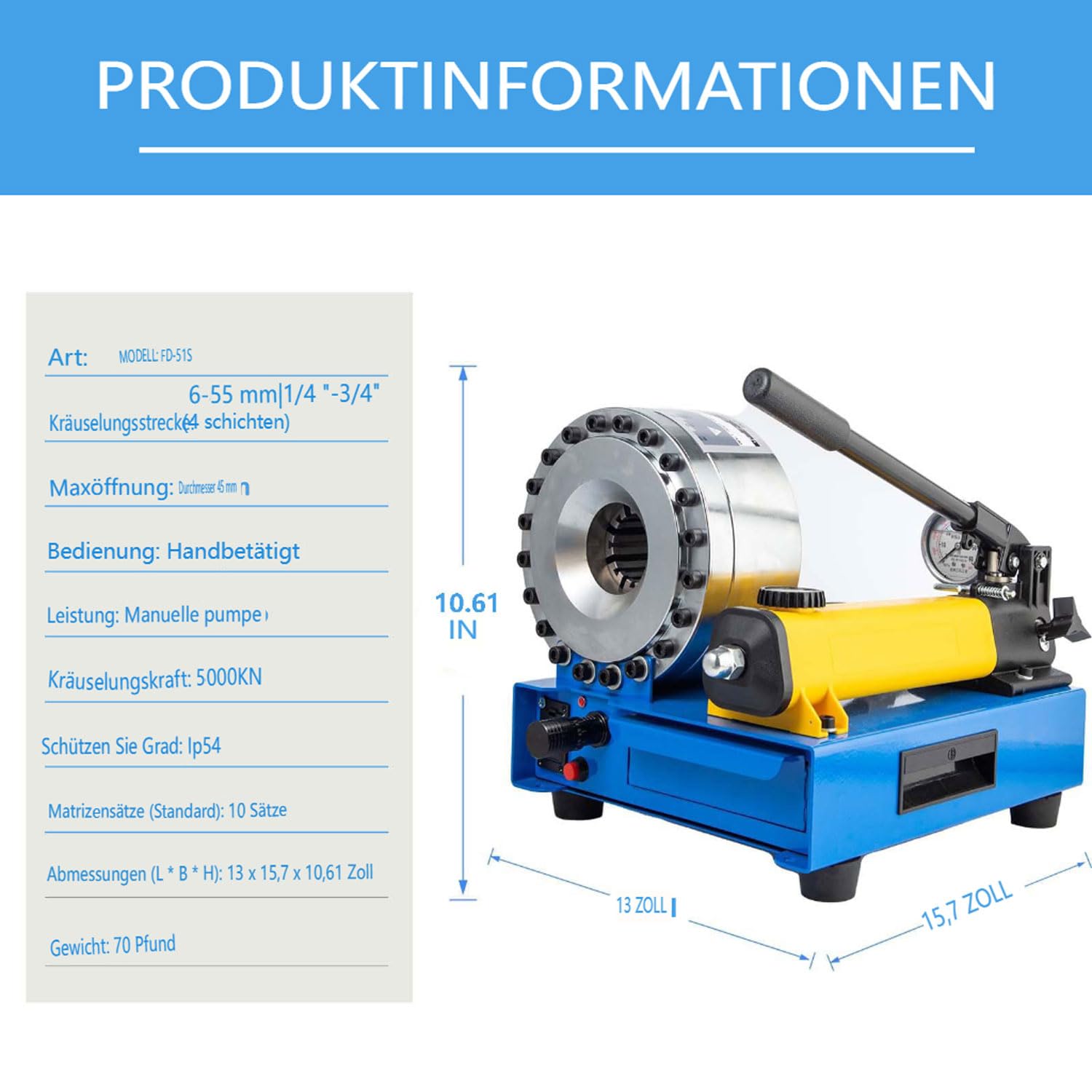 Ręcznie obsługiwana hydrauliczna maszyna zaciskowa, opcja zaciskania pojedynczych i podwójnych węży o średnicy 10 mm – 31 mm (8 zestawów form do wykrawania)