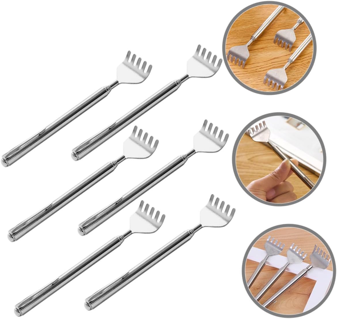 Mikinona 6Pcs Telescopic Back Scratcher Stainless Steel Itch Relief Tool Portable Manual Retractable Back Scratching Device for Adults Home and Travel Use