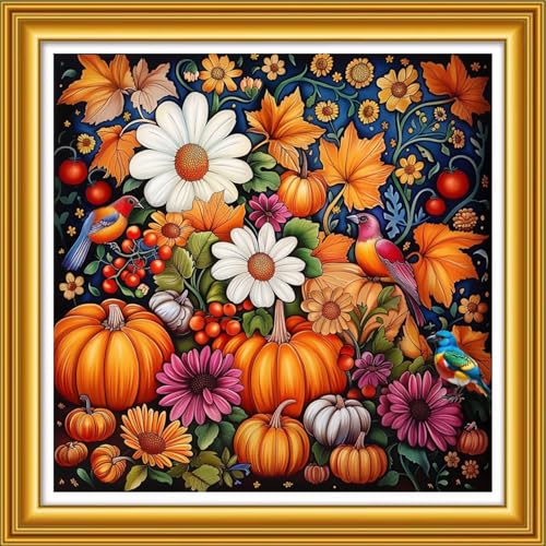 Image of Foxhool Stamped Cross Stitch Kits,11CT Printed Cross Stitch Pattern Full Embroidery Kits for Beginner Needlepoint Kits&Colorful Flowers and Birds 18x18 inch