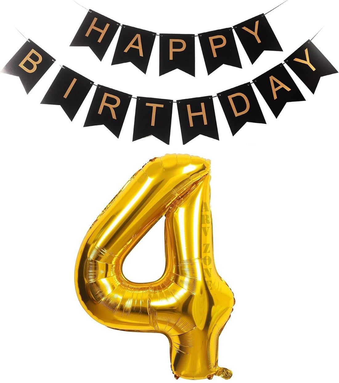32 inch Giant Gold 4 Number Balloons & Black Happy Birthday Banner, 4th Birthday Decorations with Bunting Banner & 4 Number Foil Balloons Large for Girl Boy Birthday Party (HBD 4)