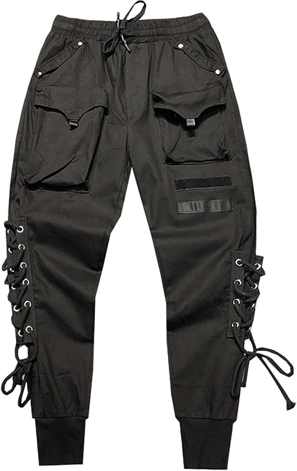 MOKEWEN Men's Casual Streetwear Punk Leg Side Lace Up Cargo Jogger Pants Black