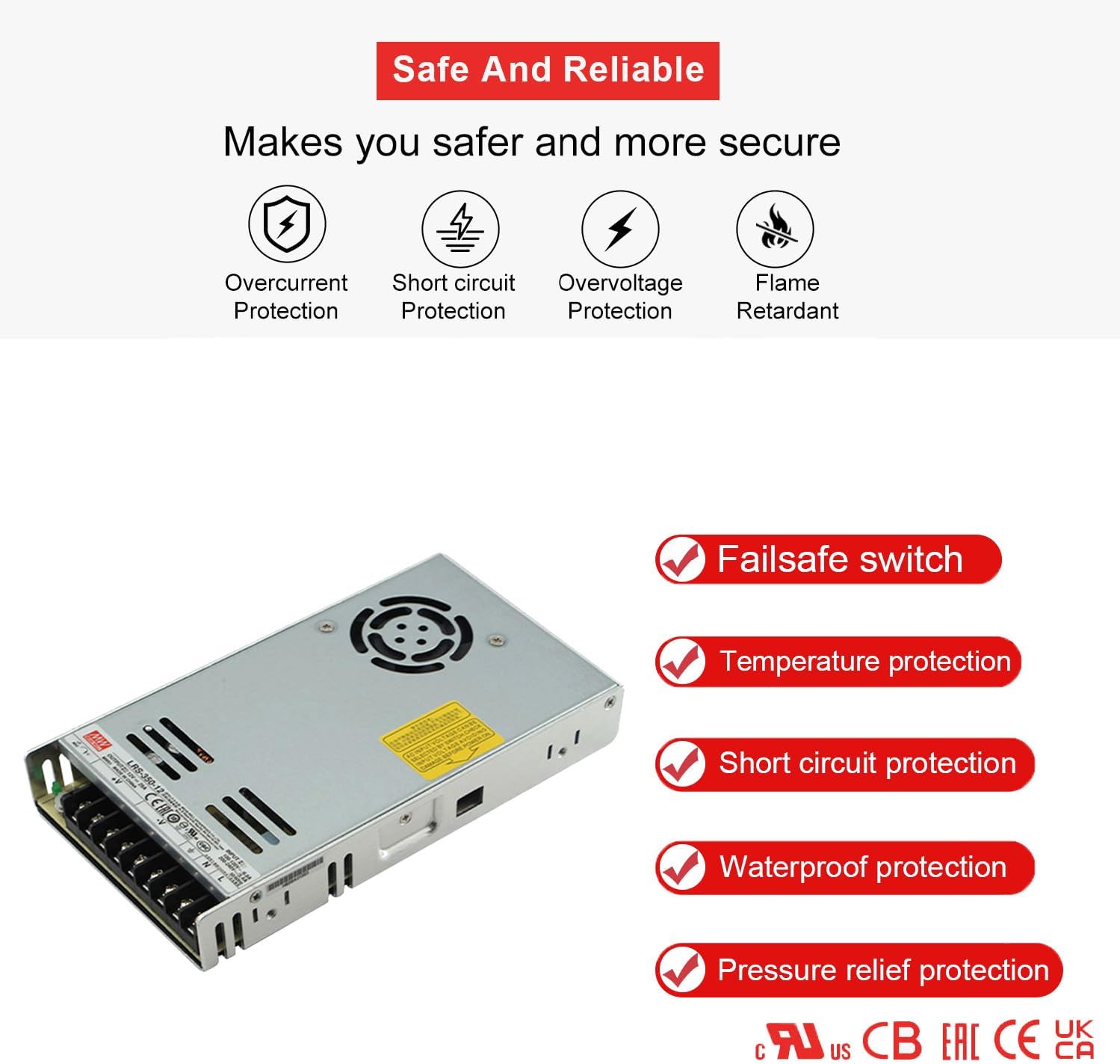 LRS-350-12 350W Single Output Switching Power Supply 12V 29A, 90-132/180-264VAC Input, Industrial Grade, UL Certified, for Automation, Control Systems