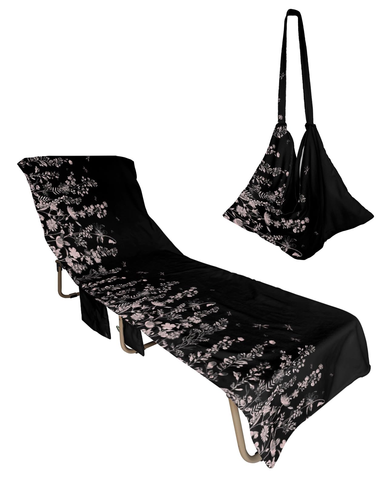 Pink Floral Beach Lounge Chair Towel Cover, Soft Chaise Lounge Towel with Side Pockets Patio Pool Chairs Cover for Beach/Pool Sunbathing 29x85 Pastoral Spring Botanical Flower Dragonfly Classic Black