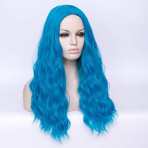 Miniatura 3 de DWMGLP Peluca ondulada azul de 24 pulgadas de largo para mujer, pelucas de fibra resistentes al calor, para Halloween, cosplay, fiesta diaria +