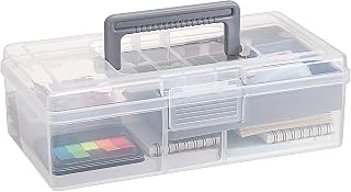 JUXYES Plastic Carry Storage Box with Removable Dividers, Clear Art Craft Supply Storage Bin Sewing Box With Handle Lid, 2 Layers Stationery Storage Case for School/Office Supplies