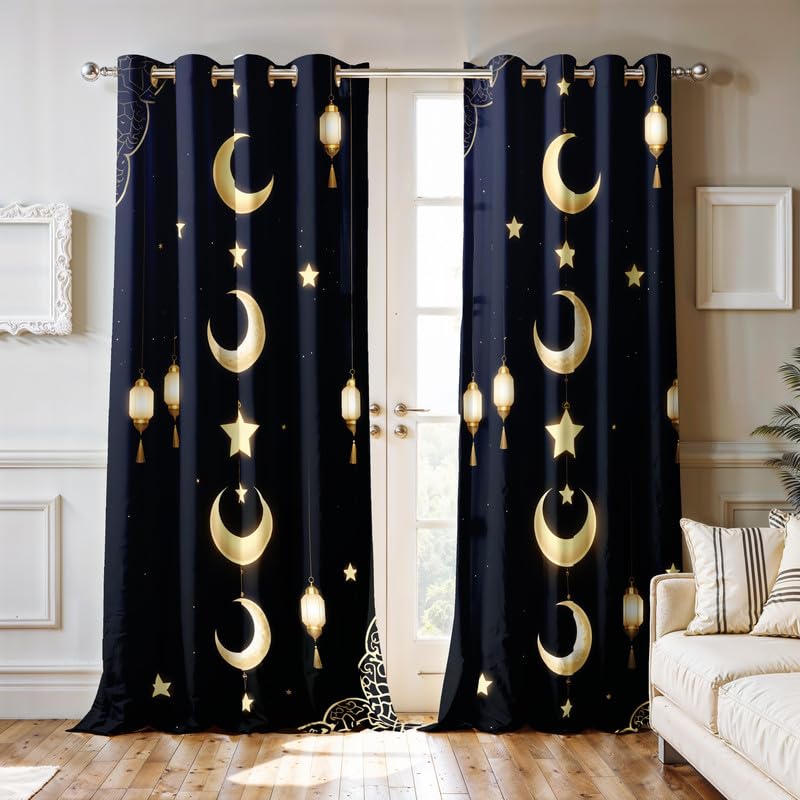 Image of Ultimate Trends Festival Themed Light Filtering Polyester Curtain Lanterns & Crescent Moon Print | Ideal for Festivals, Living Room Dcor | Eyelets|, 5 FEET (Pack of 2)
