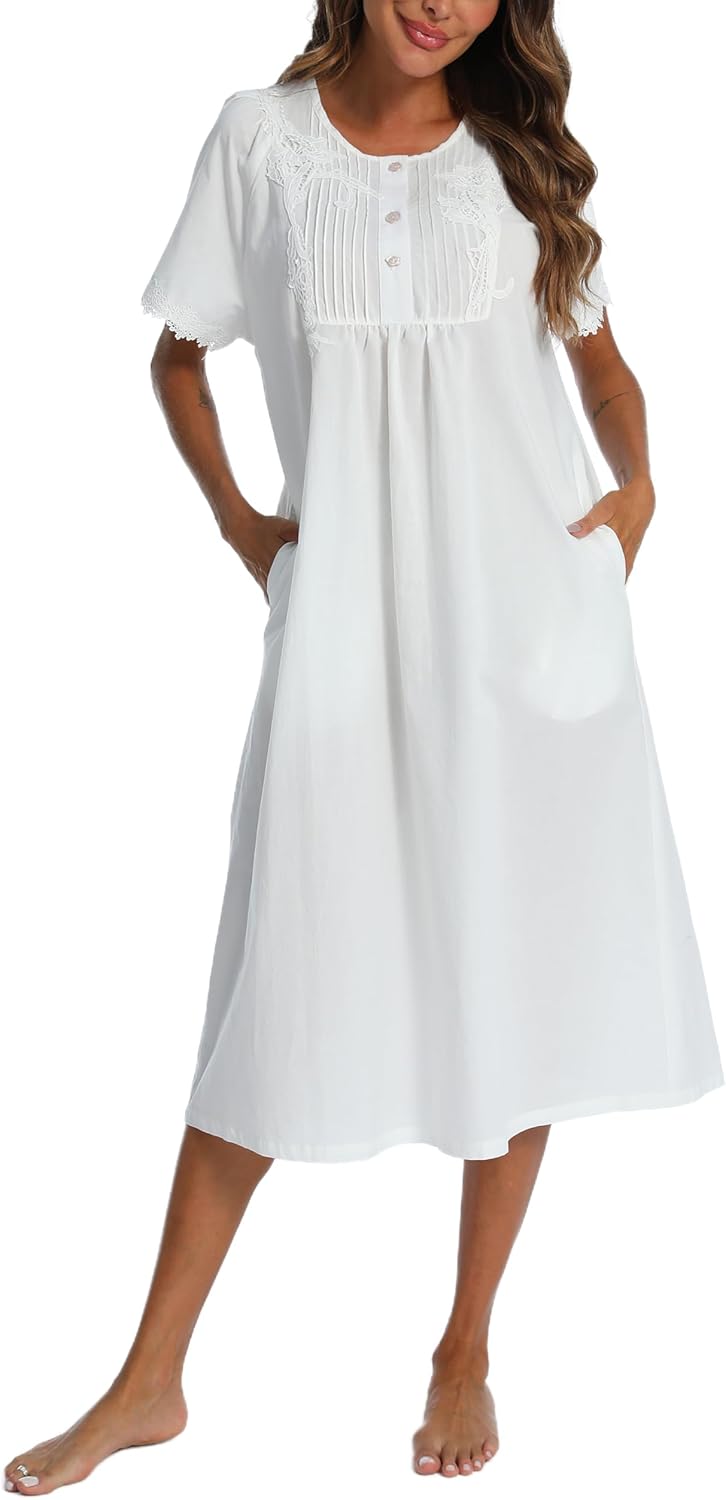AVIIER 100% Cotton Nightgowns for Women Short Sleeve Night Gown with Pockets - Image 6