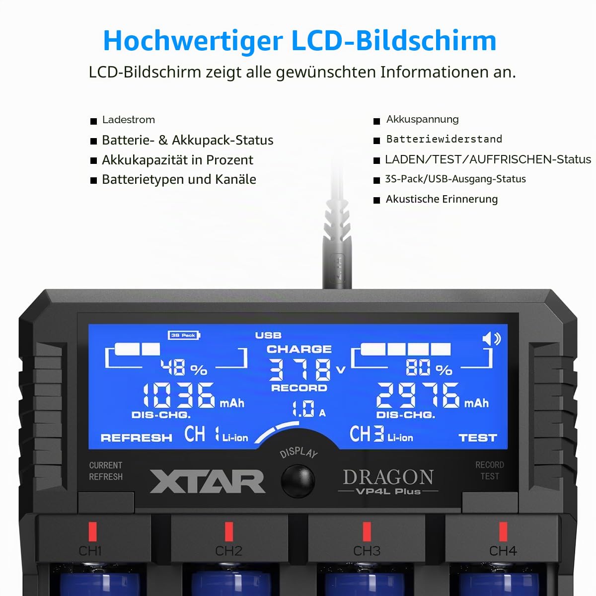 Wiederaufladbares Batterieladegerät: XTAR Dragon VP4L Plus 18650 21700 Ladegerät für 3,6V/3,7V Li-Ion, 1,2V AA/AAA NI-MH und 11,1V 3S-Akkupacks. Überprüfen Sie die Gesundheit Ihrer Batterie