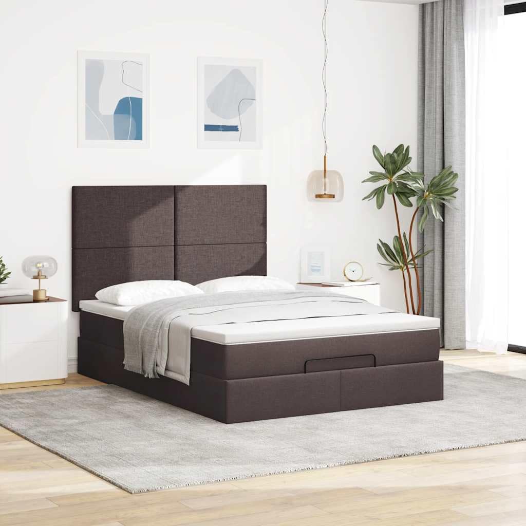 Cama otomana de 140 x 200 cm, color marrón oscuro, somier, colchón ortopédico de 20 cm, espacio de almacenamiento