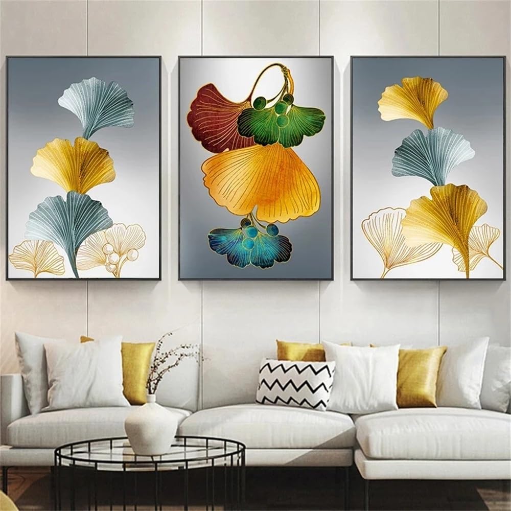 WUHBCZ Art Pictures-Colorful Ginkgo Leaves Abstract Art Canvas Painting Nordic Wall Art Pictures for Living Kitchen Bedroom Room Home Decoration Artwork-50 * 70cm/3PCS (No Frame)