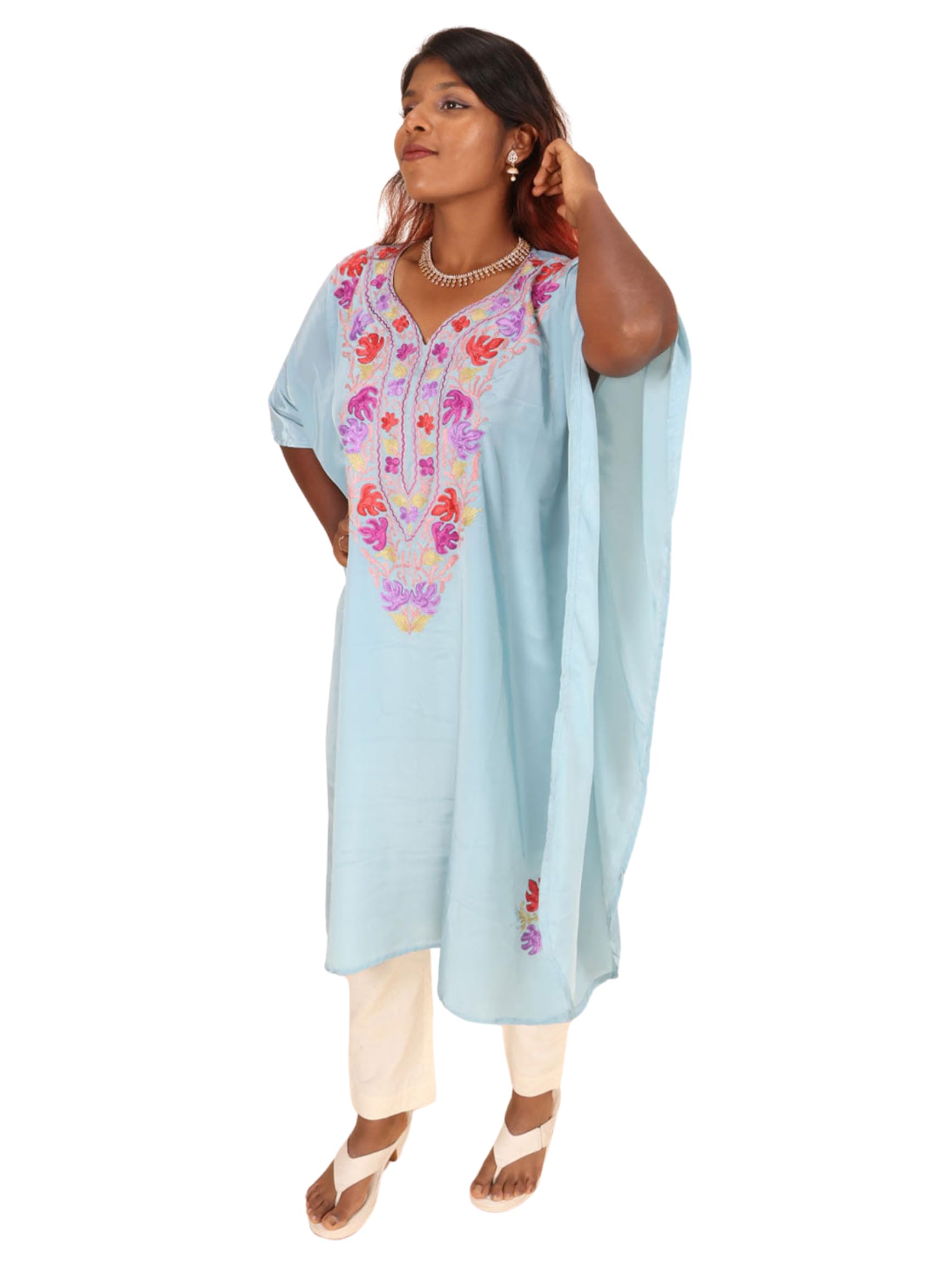 Premium Sozni Purple and Red Embroidered Crepe Silk Kaftan Loose Fit Knee Length Summer Beach Cover-Up | Stylish & Comfortable for Women and Girls (Blue)-image-31