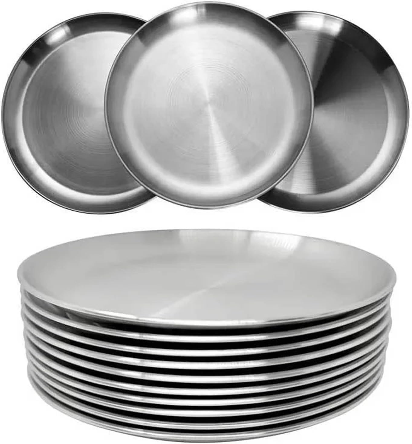 Stainless Steel Plates 12Pcs Stainless Steel Round Plate Bone Spitting Dish Shallow Tray Metal Camping Dining Disc BBQ Picnic Dishes Cookware(23cm)