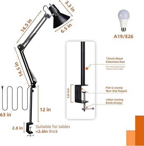 Miniatura 8 de Lámpara de escritorio LED con abrazadera para oficina y hogar, luz de escritorio con brazo oscilante de metal extra alto ajustable de 360,
