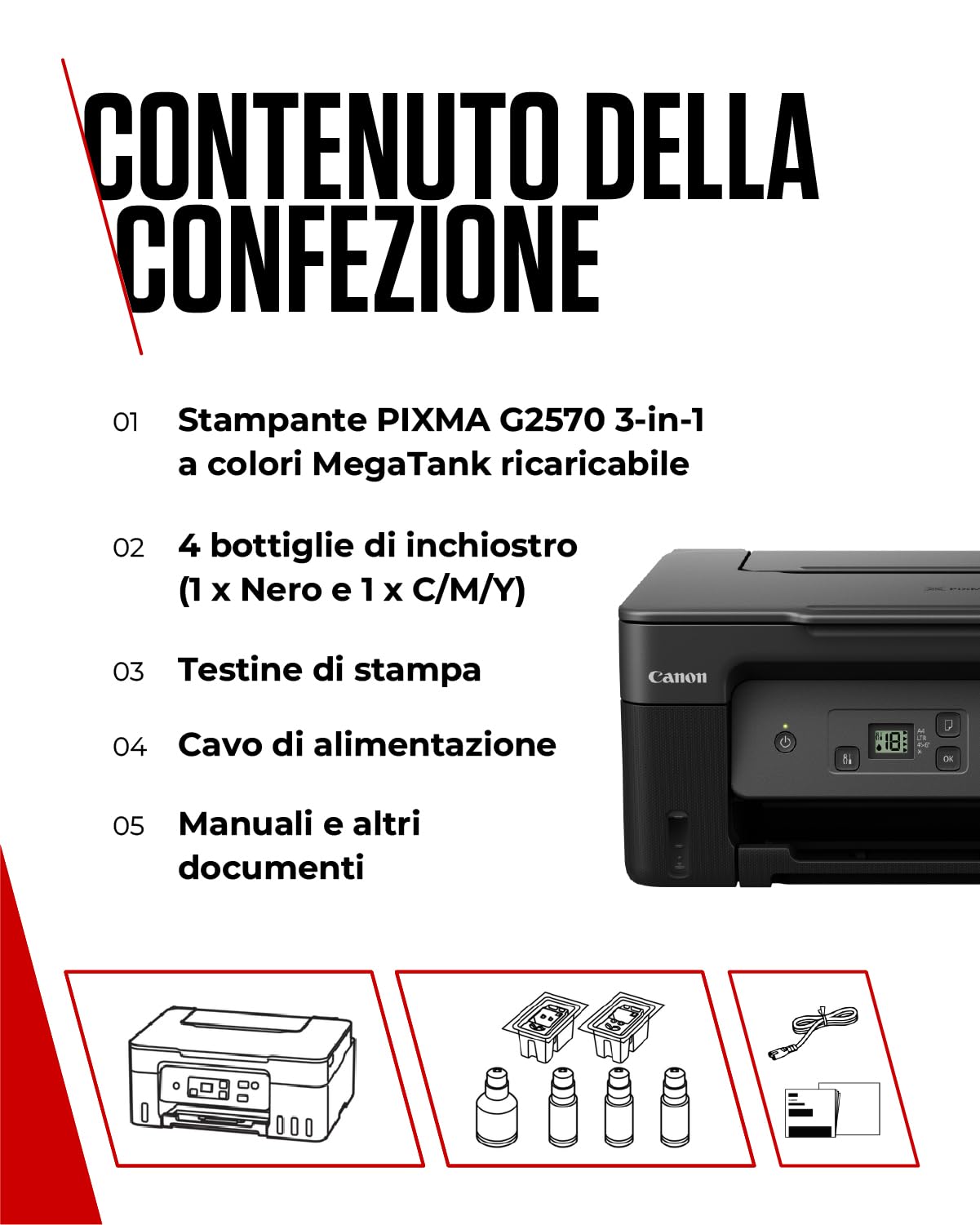 Canon Serie PIXMA G2570 - Stampante Multifunzione, Fotocopiatrice e Scanner MegaTank per la Casa con Schermo LED | Connettività USB | Stampante per Uso Domestico