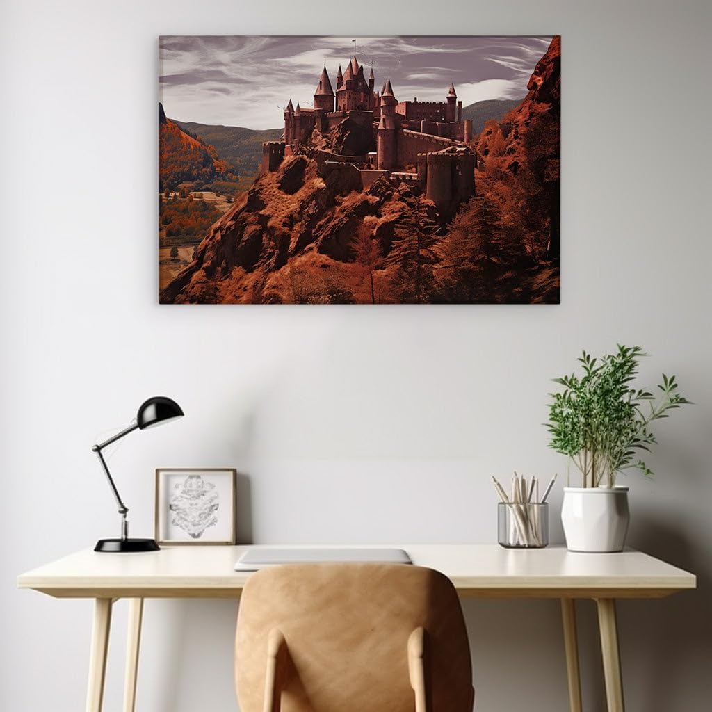 Canvas for Living room. Majestic Red Summit: A Castle's Dominance Over the Mountain Tapestry, 27 x 18 inch Canvas Wall Art - Modern Home Decor
