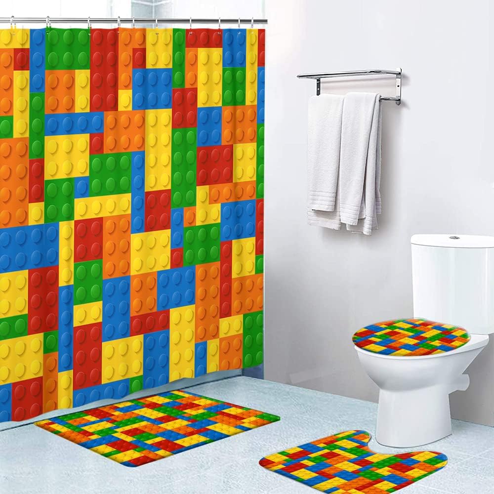 LOKMU4 Pcs Shower Curtain Sets with Non-Slip Rugs,Toilet Lid Cover and Bath Mat,Colorful Blocks Waterproof Shower Curtain with 12 Hooks, Bathroom Decor Sets, 72"x 72"