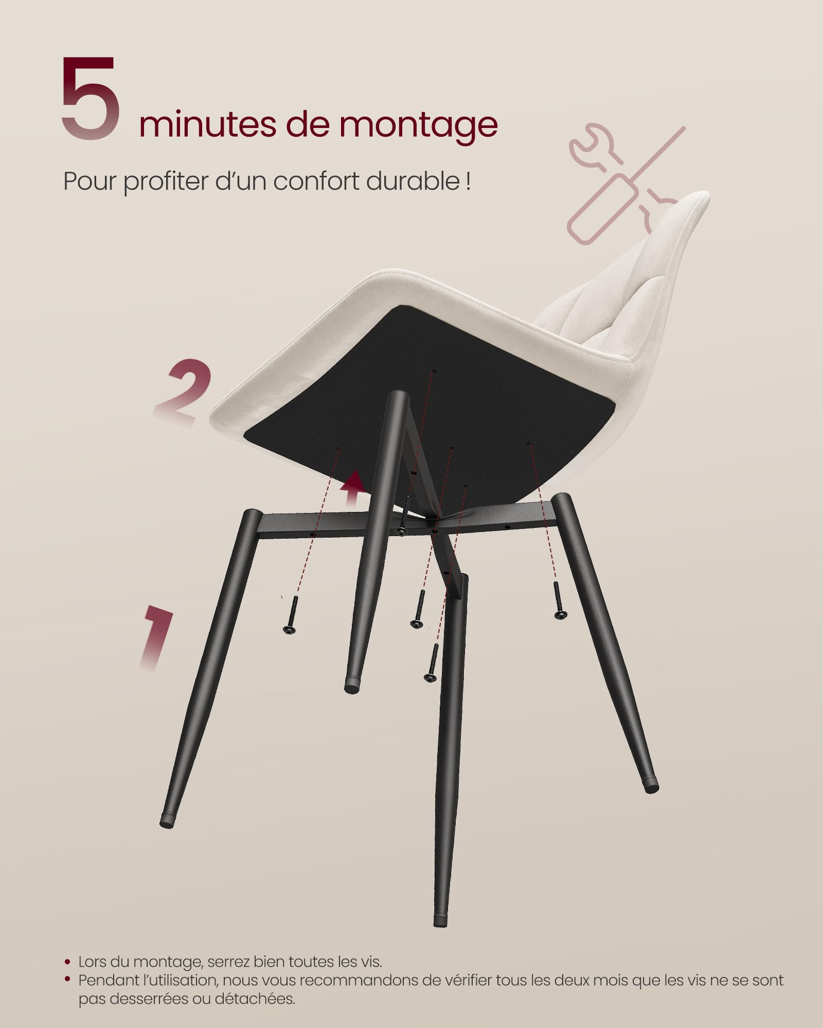 VASAGLE Chaises de Salle à Manger en Velours, Supporte 120 kg Chacune, Chaises de Cuisine avec Pieds Réglables, Style Moderne, Rembourrées, pour Salon, Lot de 4, Beige Cappuccino KDC080LH01