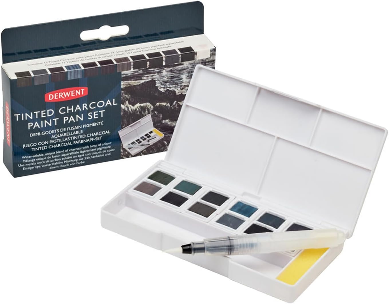 Derwent Tinted Charcoal Paint Pan Set, 12 Paints, Professional Quality, Water Soluble, Blendable, Portable, Includes Palettes, Mini Waterbrush & Cleaning Sponge, 2305872