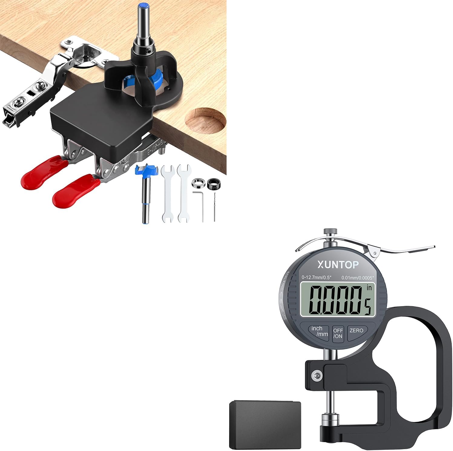 Professional Woodworking Precision Kit: 35mm Concealed Hinge Jig & 0.5inch Digital Thickness Gauge, Aluminum Alloy Cabinet Hinge Tool,for Furniture Doors Cabinets,Plastic Leather Metal