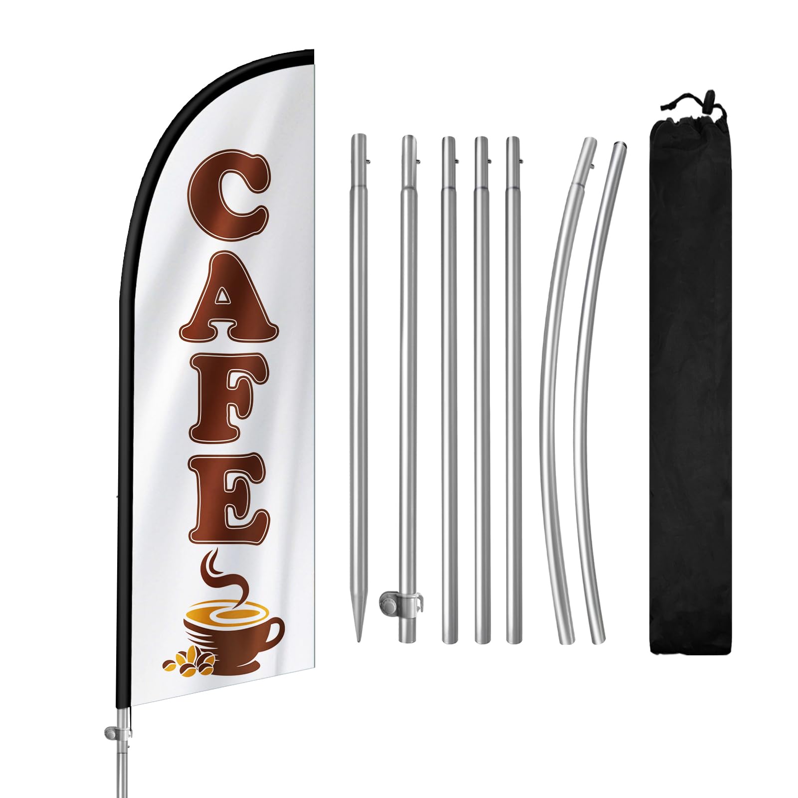 QSUM Cafe Feather Flag with Stainless Steel Flagpole,Ground Spike Advertising Flag,Suitable for Businesses and Storefronts Signs,8FT,1 Set