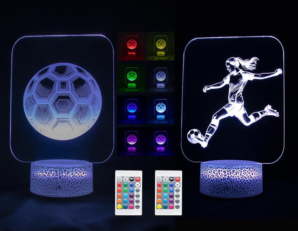 B BachVibes 2 Lámparas Nocturnas 3D Deporte para Niños, Niñas y Adultos, 16 Colores Cambiantes con Control Remoto y Táctil, Luz Decorativa LED, Regalo de Cumpleaños y Navidad (Futbol Mujer)