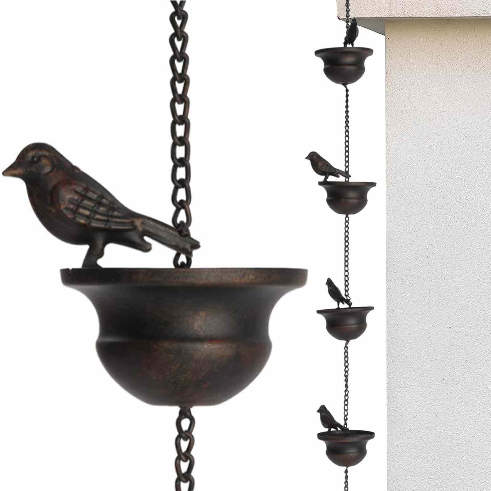 Catena per acqua piovana in metallo, per grondaie, per grondaie, 2,4 m, con gancio fissato e 8 uccelli per drenare l'acqua