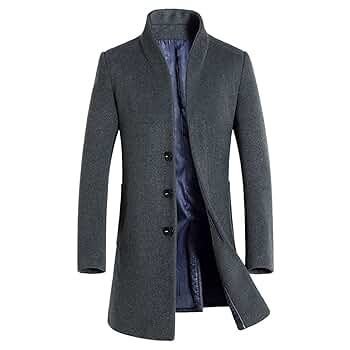 Mens Coat Solid Mid Long Stand Collar Single Breasted