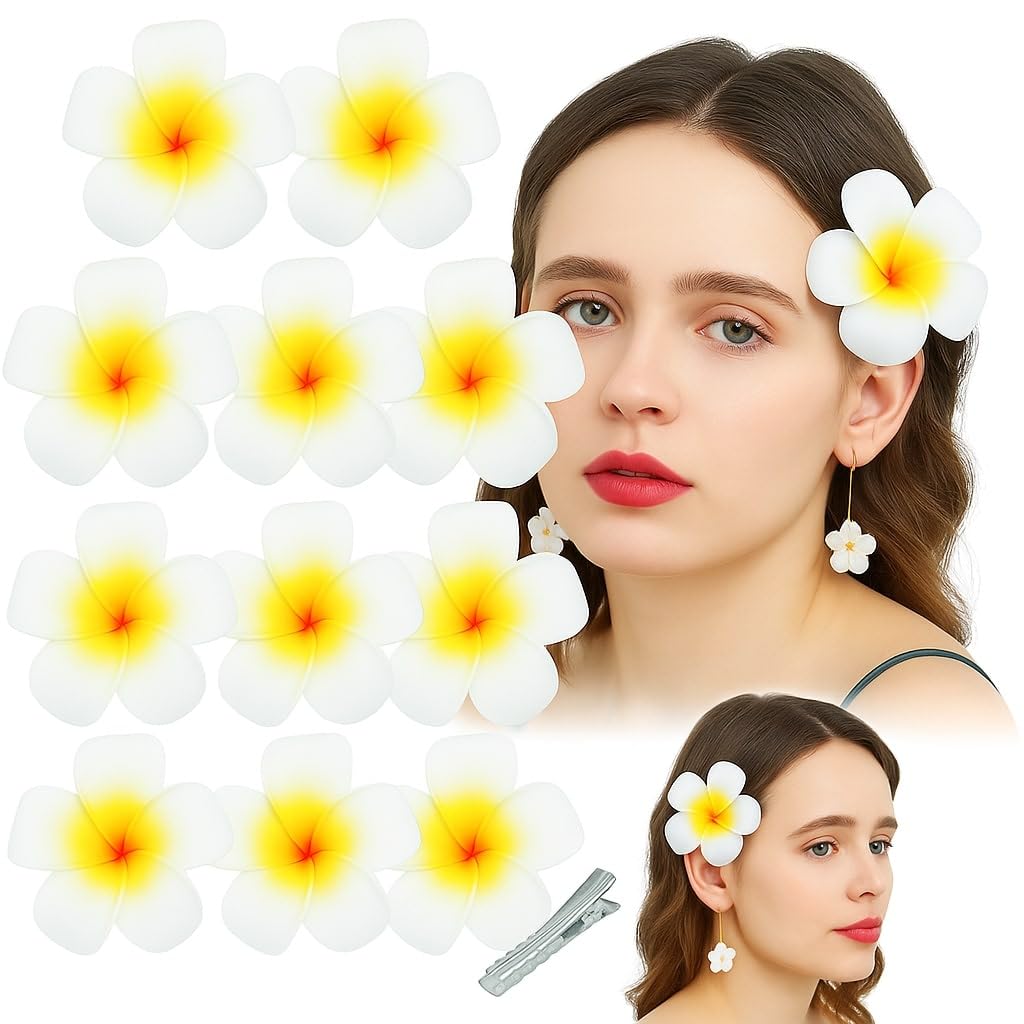 SHIVAMKRAFT 12 Piece White Artificial Hawaii Flower Hair Clip Elegant Floral Claw Hair Accessories For Women’s Hair Clips, Perfect For Hair Buns, Wedding, Marriage, Valentine’s Day Gift (White)