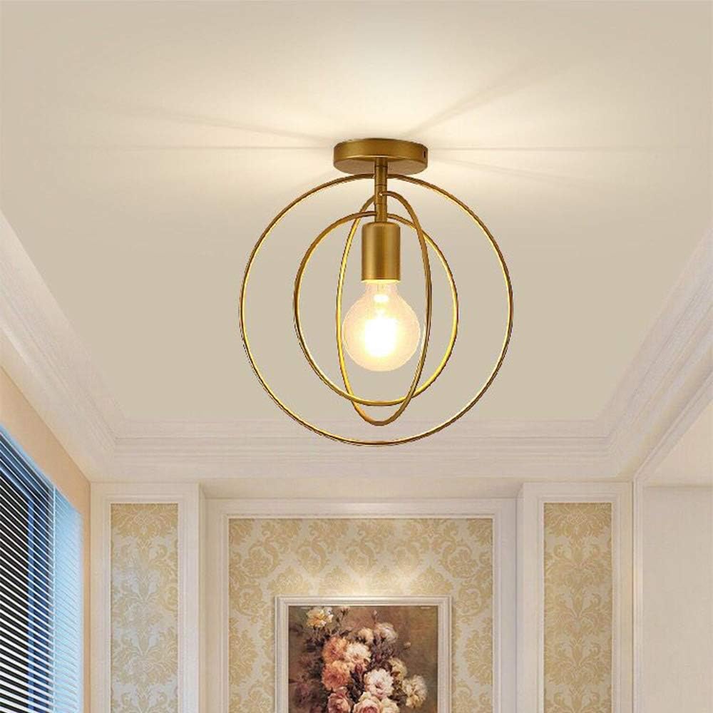 Mengjay Retro Industrial Ceiling Lamp - E26 Vintage Pendant Light Modern LED Metal Lighting Shades Gold Metal cage lamp Shade for Loft Restaurant Coffee Bar (Round)