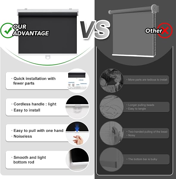 AOSKY Cordless Roller Shades Blackout Blinds for Windows Room Darkening Rolled Up Shades with Spring System, UV Protection Window Shades Door Blinds for Home 25" W x 72" H (64W x 183H cm),Black - 3