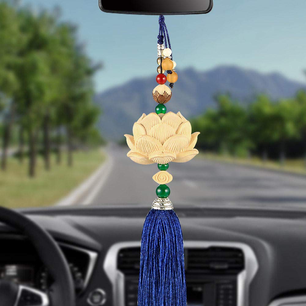 Car Pendant New Car Pendant Wood Caing Lotus Car Rear View Mirror Decorative Sculpture Lotus Pendant Car Accessories Ornaments-Red Car Decoration (Color : Red) (Color : Blue)