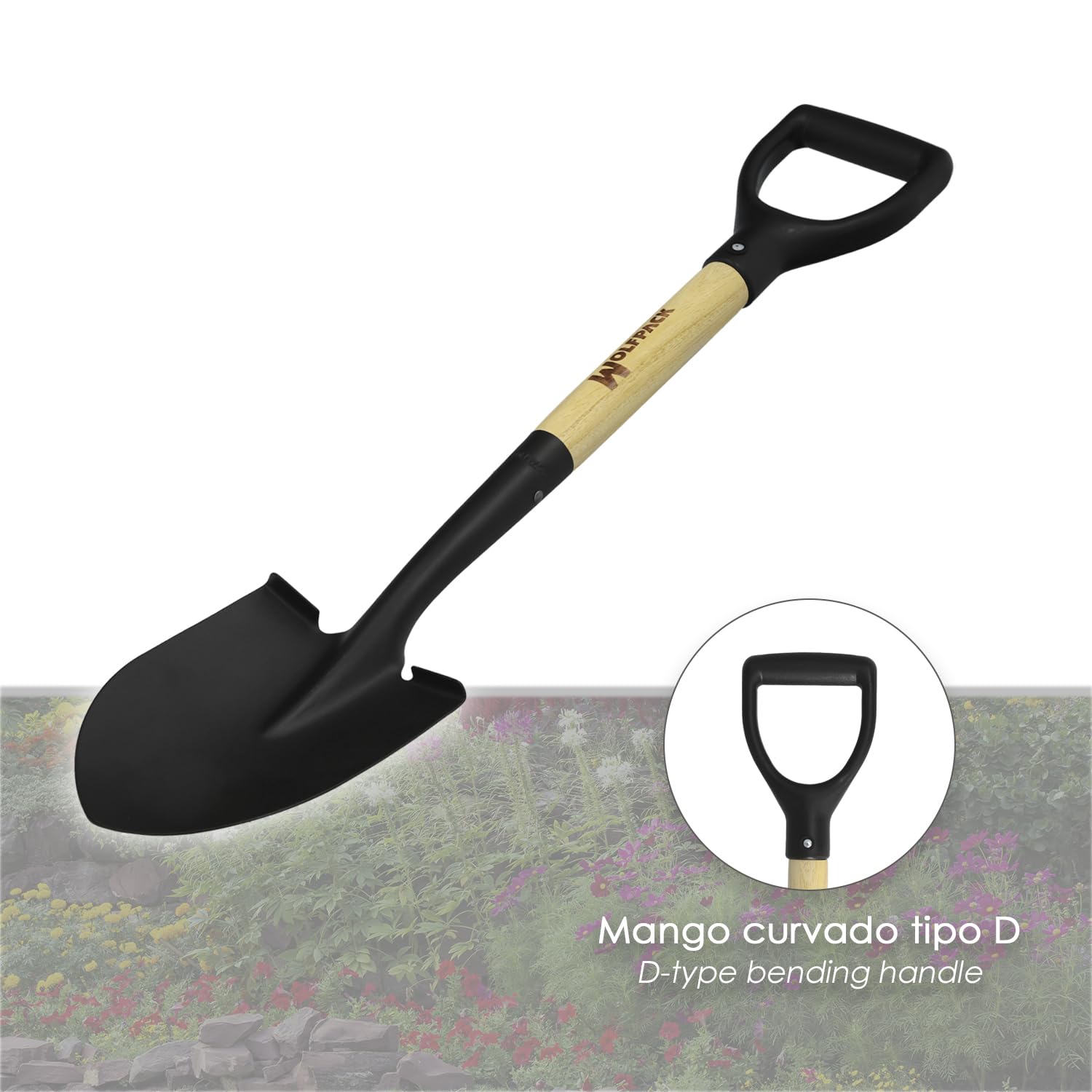Pala pequeña mango madera punta mango anilla 75 cm. minipala, pala jardineria,transplantes, camping, montañismo, acampada