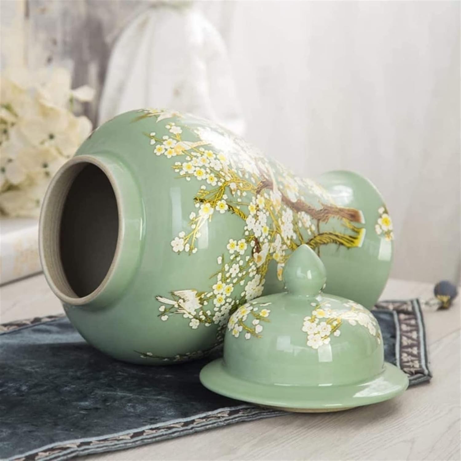 Ceramiczny zielony wazon na imbir w kształcie kwiatu śliwki do dekoracji domu, ceramiczny wazon na imbir w stylu chinoiserie z pokrywką (zielony mały)
