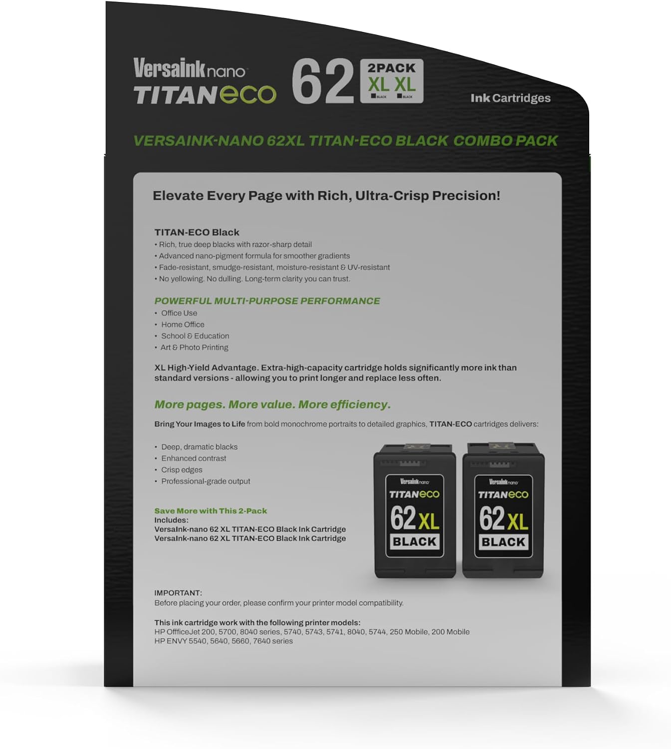 VersaInk-Nano 62 XL Titan ECO High-Yield Black Ink Cartridge 2-Pack Replacement of HP 62 and 62 XL, Works with HP Envy 7640, 5660, 5540, OfficeJet 5740,5743,5741,8040,5744,250 Mobile,200 Mobile