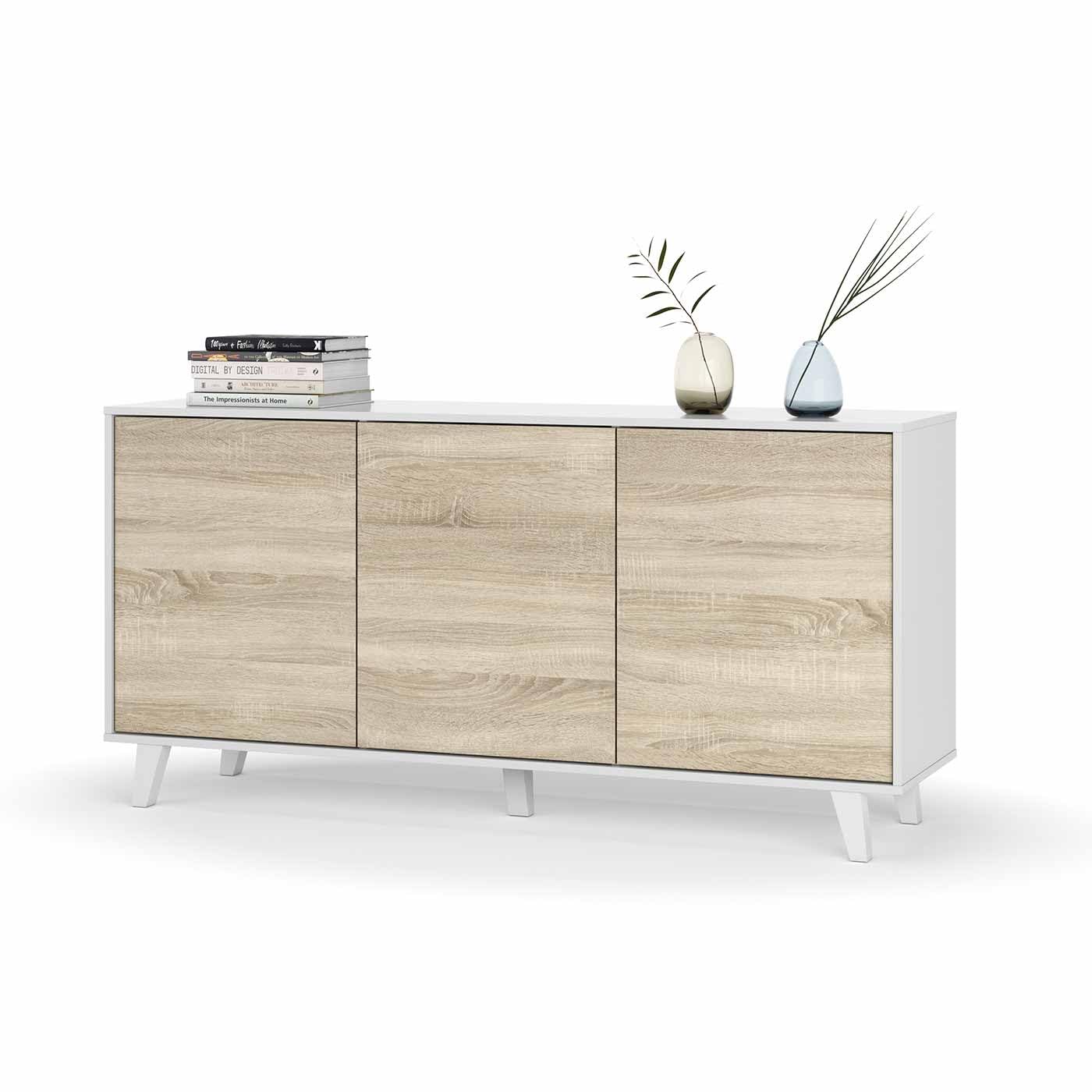 amuéblate online Aparador Buffet, Salón Comedor 3 Puertas, Modelo Bora, Medidas: 154 cm (Ancho) x 75 cm (Alto) x 41 cm (Fondo), Madera, Blanco Brillo y Roble Canadian