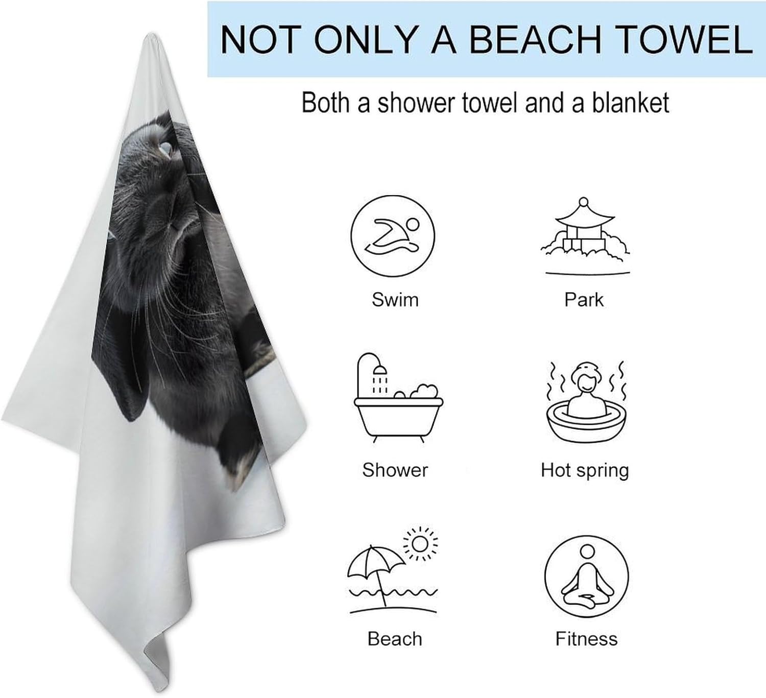 Swimming Towel, Black Lop Rabbit Printed Fashion Towel,Portable Towel,Durable Towel