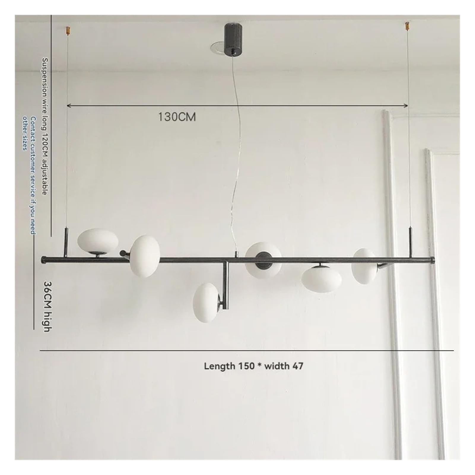 Nowoczesny liniowy wiszący żyrandol LED z matową szklaną kulą, idealny na wyspę kuchenną, sypialnię, jadalnię lub salon (150 cm, kolor czarny, neutralny).