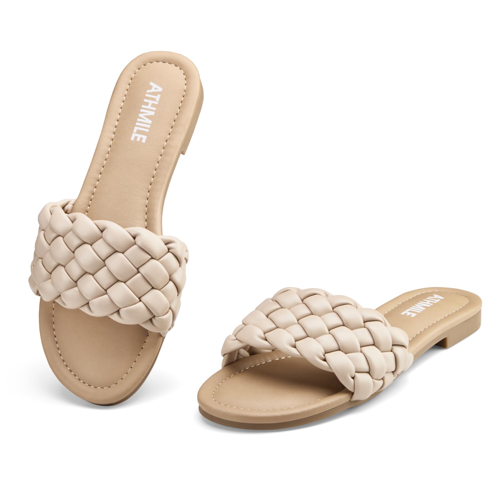 ATHMILE Braided Womens Sandals Round Open Toe Fashion Slide Sandals Women Dressy Summer Flat Beach Size 6-11