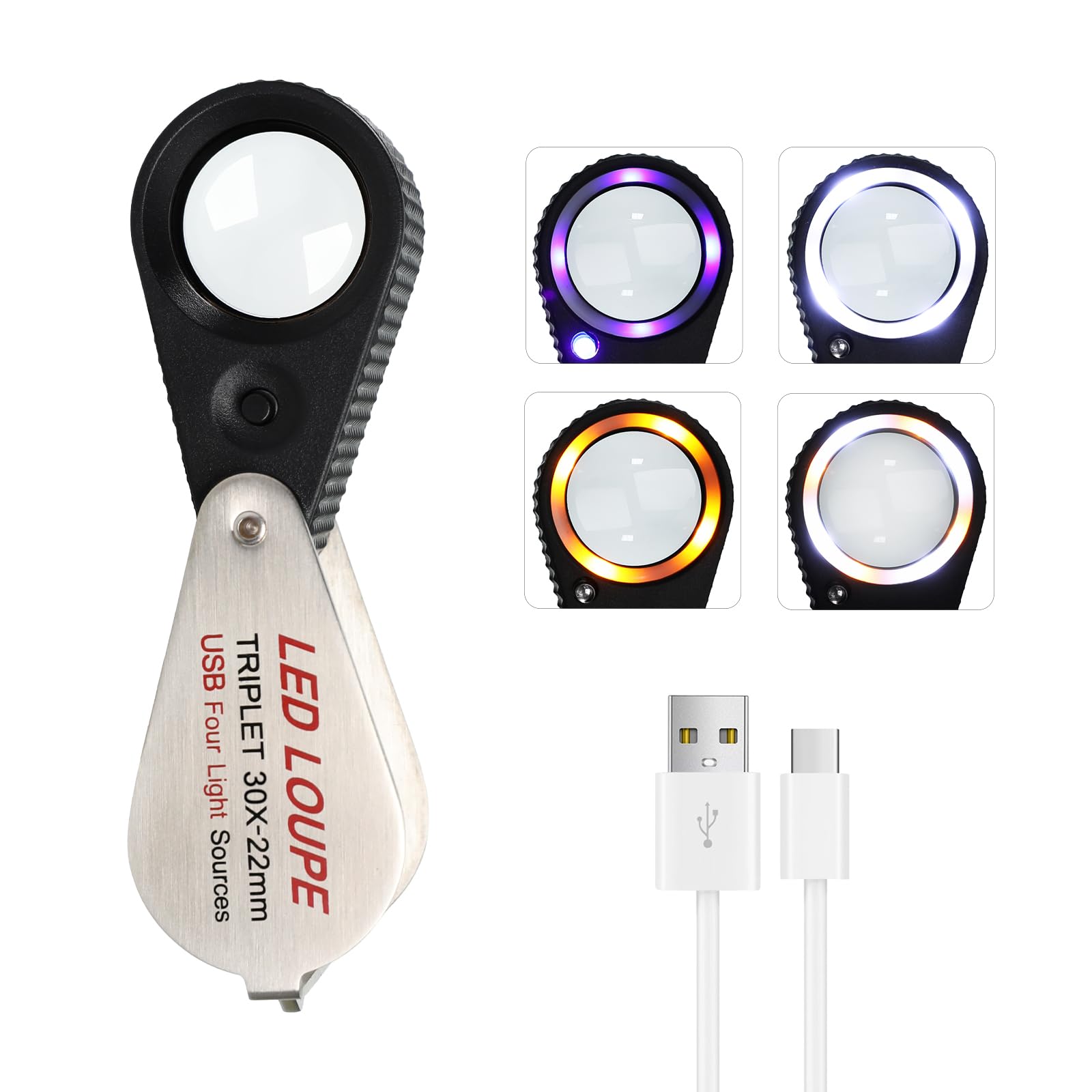Rechargeable LED Loupe 30X Triplet Magnifier with 4 Light Modes (UV/Warm/Natural/White), 22mm Optical Glass Lens for Jewelry Inspection, Watch Repair, Coin & Stamp Collecting