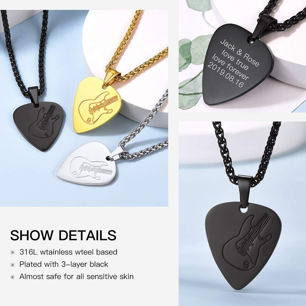 Suplight Stainless Steel Black Guitar Pick Necklace for Men Waterproof Guitar Picks Holder Pendant Plectrum Music Note Necklace Musical Guitarist Jewelry Gift for Women Men