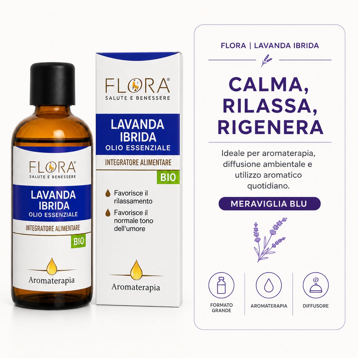 FLORA 100% reines ätherisches Lavendelöl – Nahrungsergänzungsmittel – 100 ml – fördert die Entspannung (Stress und Schlaf) fördert die normale Stimmung Ideal auch in der Aromatherapie