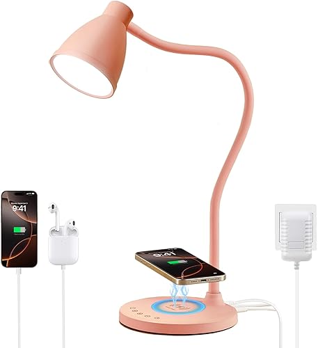 BOHON Bonita lámpara de escritorio con puertos de carga USB C+A, cargador inalámbrico, lámpara rosa, 5 colores de luz de lectura con atenuación