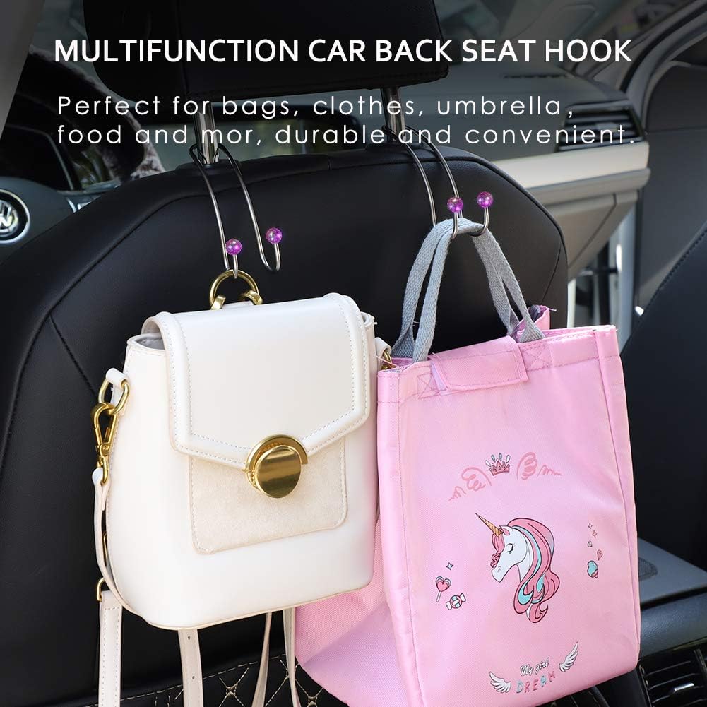 4 Pack Car Hooks, Artscope Multifunctional Organizer Hooks Universal Bling Diamond Car Headrest Hangers Hooks for SUV Truck Vehicle , Strong and Durable Auto Backseat Hanger Storage Hooks (Purple)