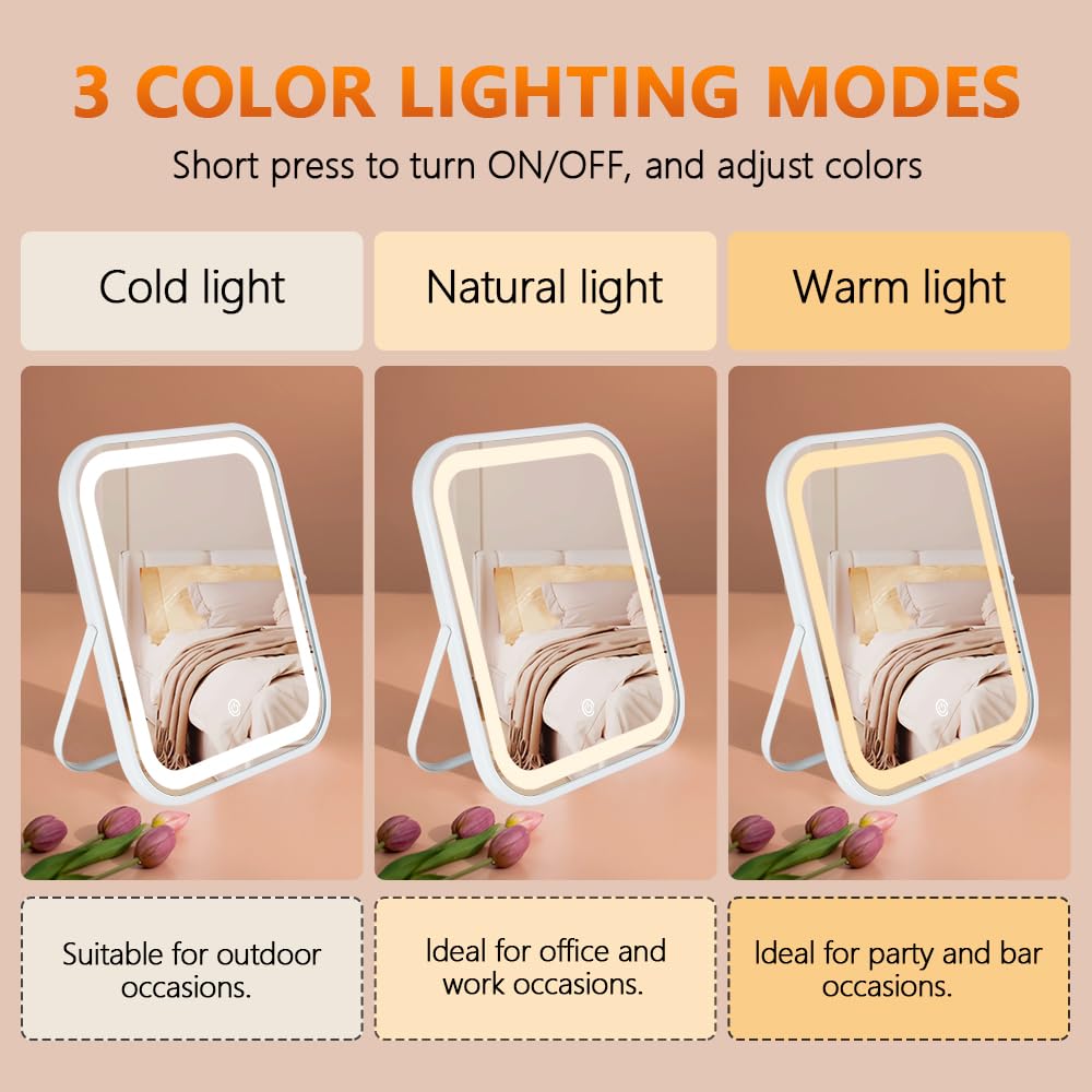 YEKKOPT Wiederaufladbarer Kosmetikspiegel mit Lichtern, 20,3 x 25,4 cm, 3-farbige Beleuchtung, tragbarer Make-up-Spiegel mit Touchscreen, verstellbare LED-Lichter, Schreibtischspiegel für Reisen