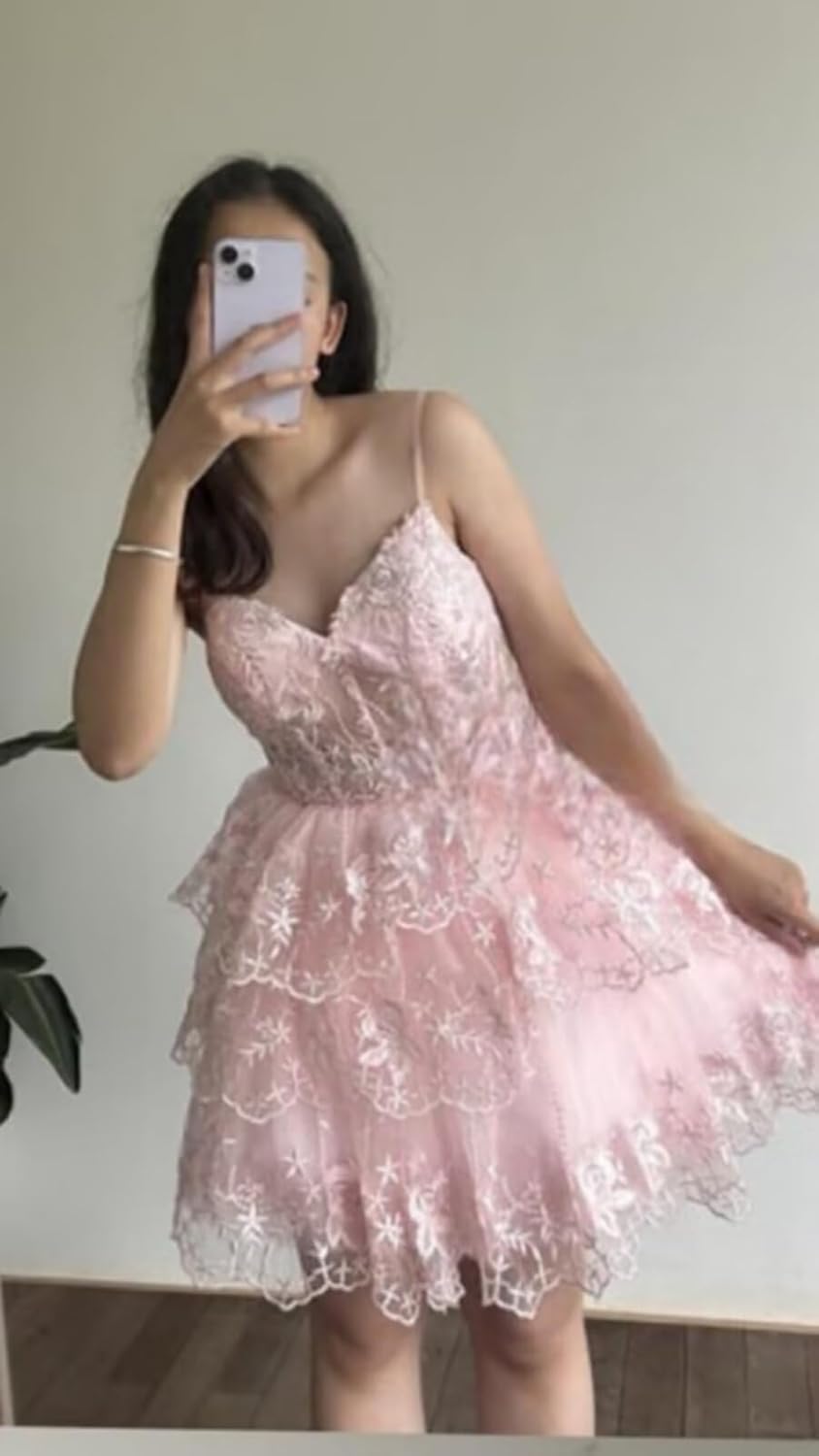Prom Dress for Teens 2026 Short - Lace DAMA Dresses for Quinceanera Tulle Spaghetti Straps V Neck Homecoming Dresses