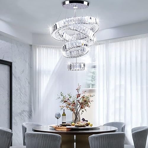 Miniatura 3 de CLAIRDAI Lámparas LED modernas de cristal de alto brillo, 4 anillos, lámpara de techo de acero inoxidable, luces colgantes para dormitorio, sala de