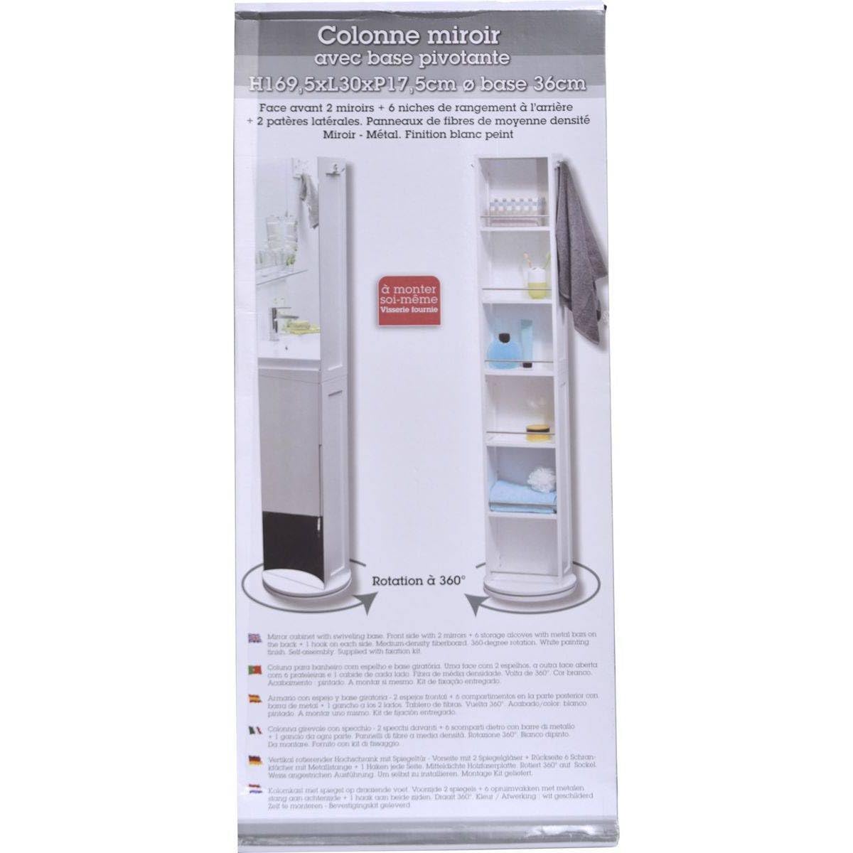 TENDANCE Atmosphera - Colonne Miroir Pivotante Blanche - 170 x 36 x 36 cm - Rotation 360°, 6 Niches, 2 Patères - pour Salle de Bain, WC, Rangement