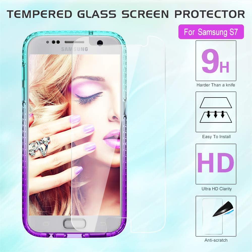 LeYi Compatible with Galaxy S7 Glitter Case with 2PCS Tempered Glass Screen Protector for Girls Women, Bling Sparkle Diamond Phone Case for Samsung Galaxy S7, Gradient Teal/Purple