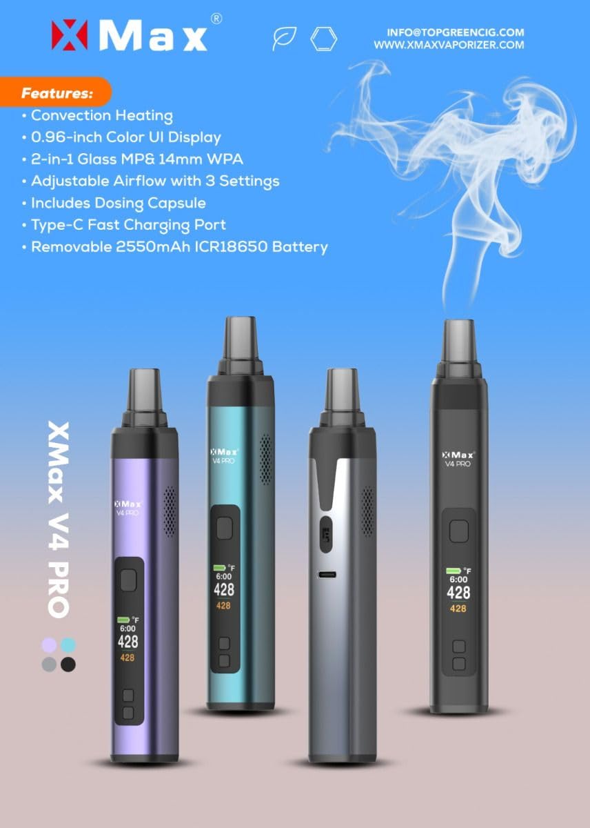 X-Max V4 Pro Silber Vaporizer – Tragbarer Konvektionsverdampfer mit 18650 Akku, OLED Display & USB-C – Temperatur 100–220 °C – Kräuter Vaporizer